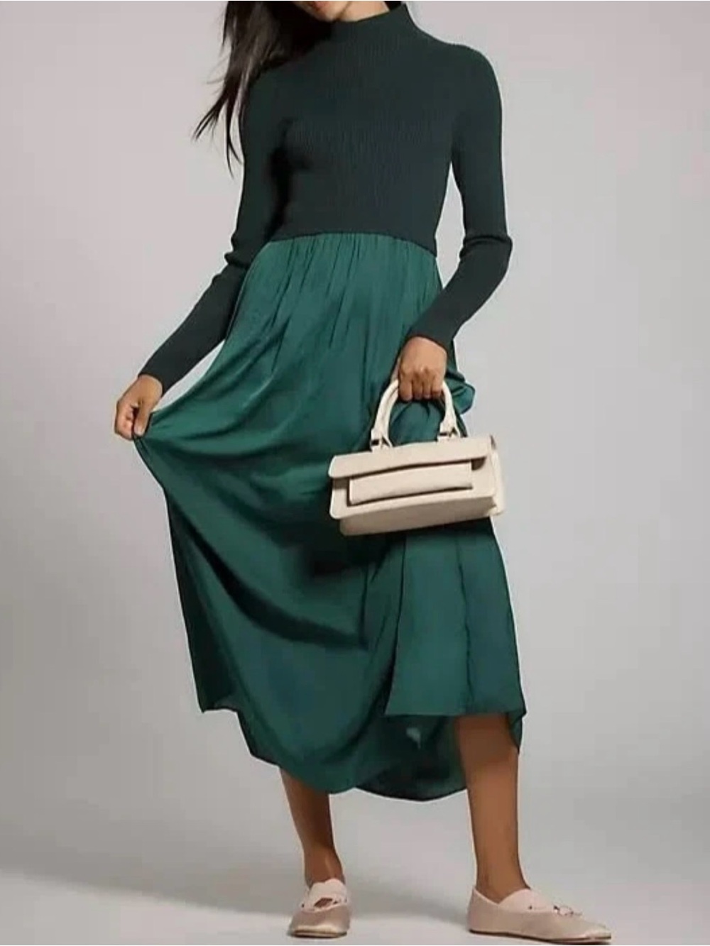 Anthropologie The Thea Green Ribbed Knit Turtleneck Maxi Sweater Dress Sz M
